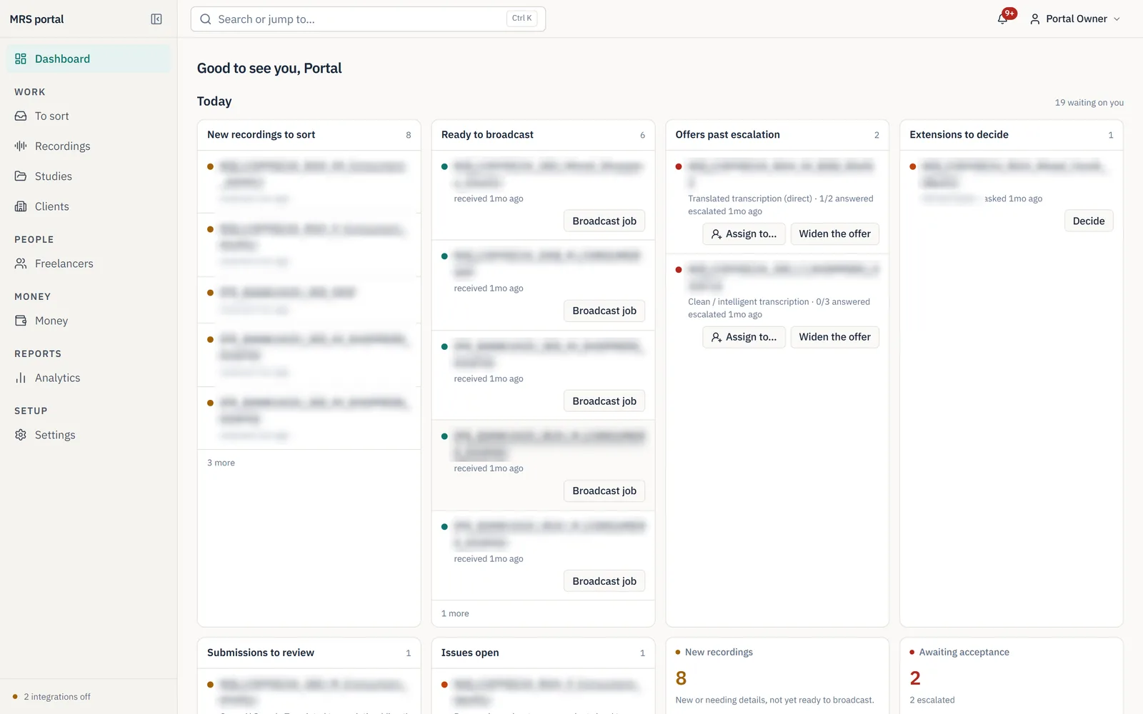 MRS Portal dashboard
